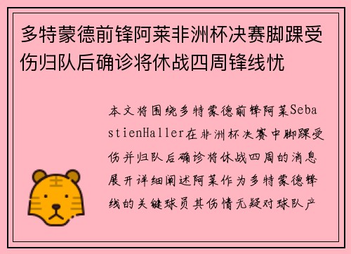 多特蒙德前锋阿莱非洲杯决赛脚踝受伤归队后确诊将休战四周锋线忧 多特蒙德前锋阿莱非洲杯决赛脚踝受伤归队后确诊将休战四周锋线忧